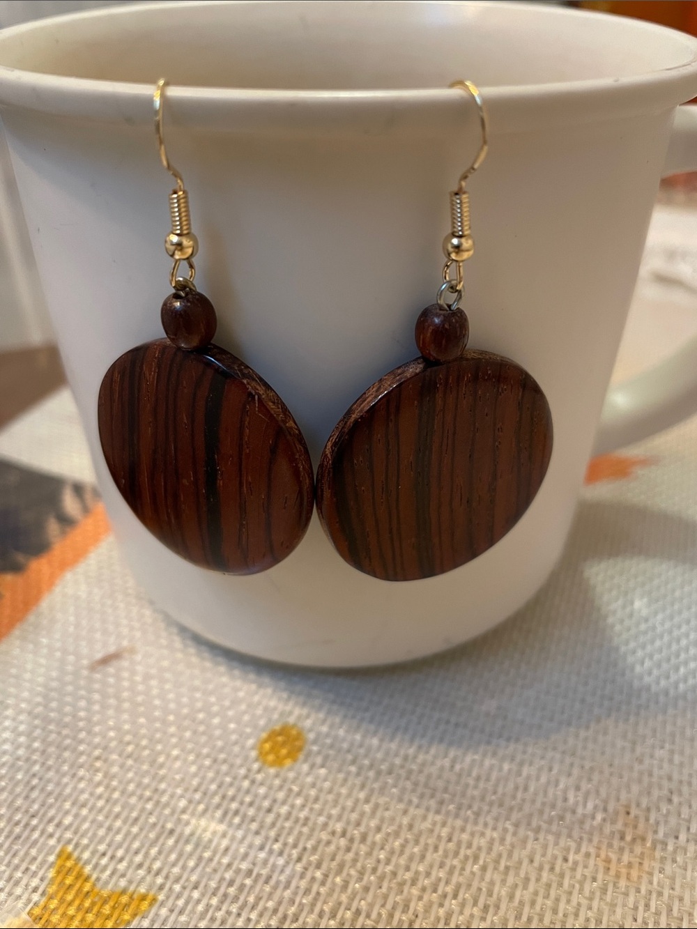 Handmade Brown Wood Disc Drop Earrings